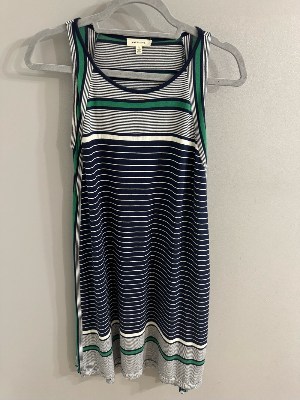 Max Studio Navy, White & Green Striped Top